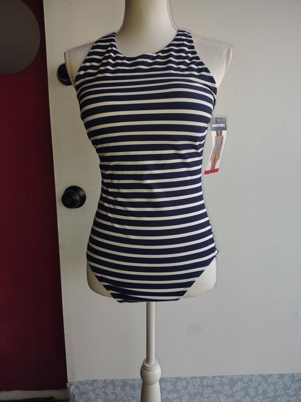 Lands' End Navy & White Striped High-Neck One-Piece Medium